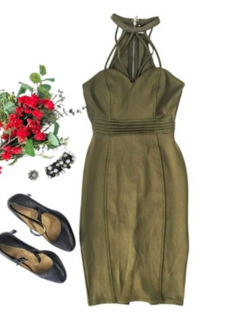 Windsor Women's Bodycon Mini Dress Size Medium Chocker Strap Halter Olive Green